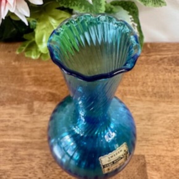 Vintage Czechoslovakian Hand Made Crystal Vase SPM 1893 Blue Ribbed Glass with O - Picture 6 of 6